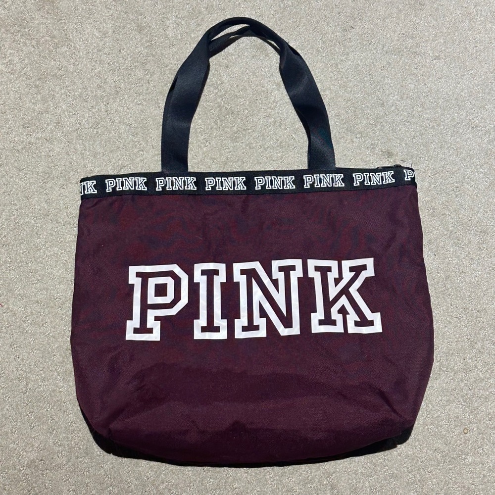 Victoria's Secret PINK Burgundy Nylon Zipper Tote Bag Large Logo Gym Beach